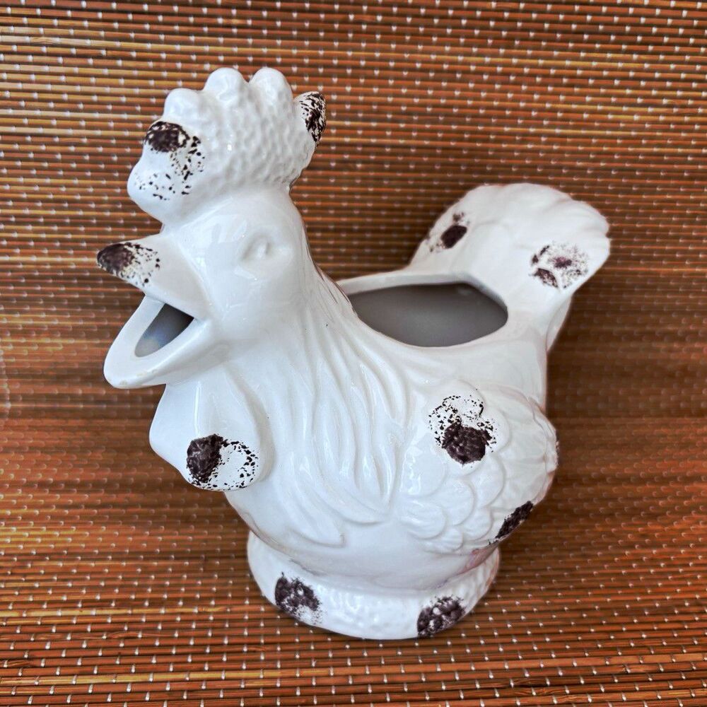 Transpac Rooster Creamer, Glossy Ceramic, White/Brown Speckle, 8 in Bok Bok